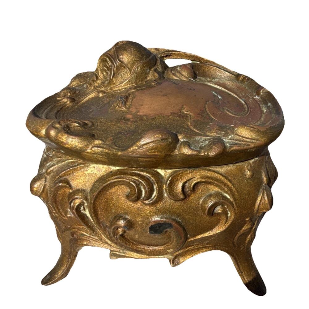 Antique Art Nouveau Metal Trinket Box Floral Hinged Lid Oval